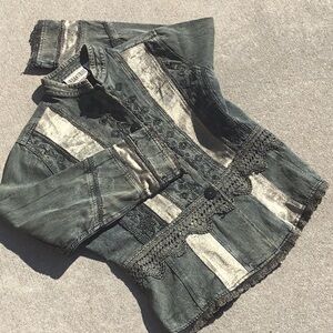 Boho Hippie Vtg lightweight denim embroidered Crochet Stitch w/ metallic sheen